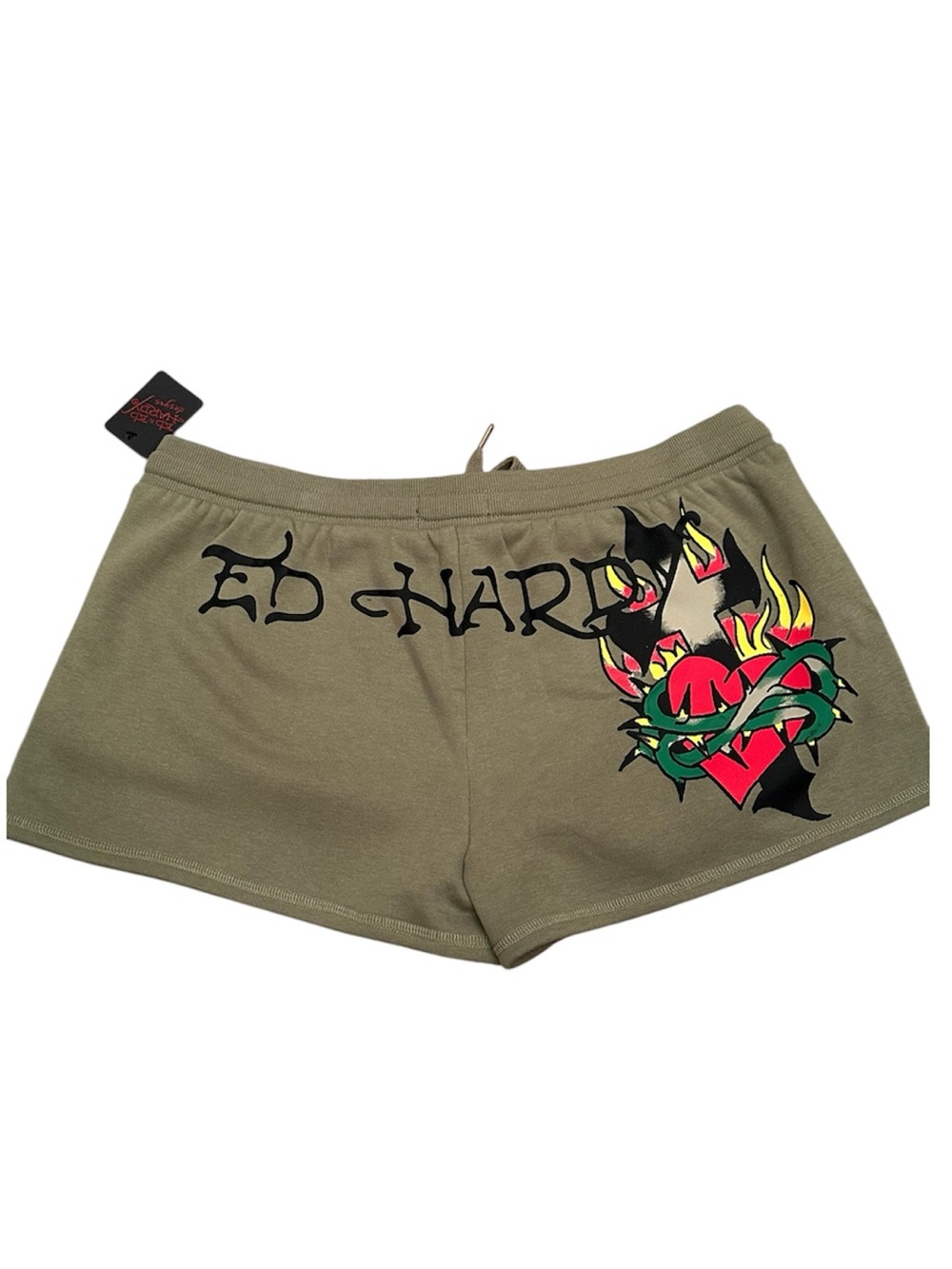 Ed Hardy NWT Olive Tattoo Heart Graphic Shorts Y2K Streetwear Sz XL